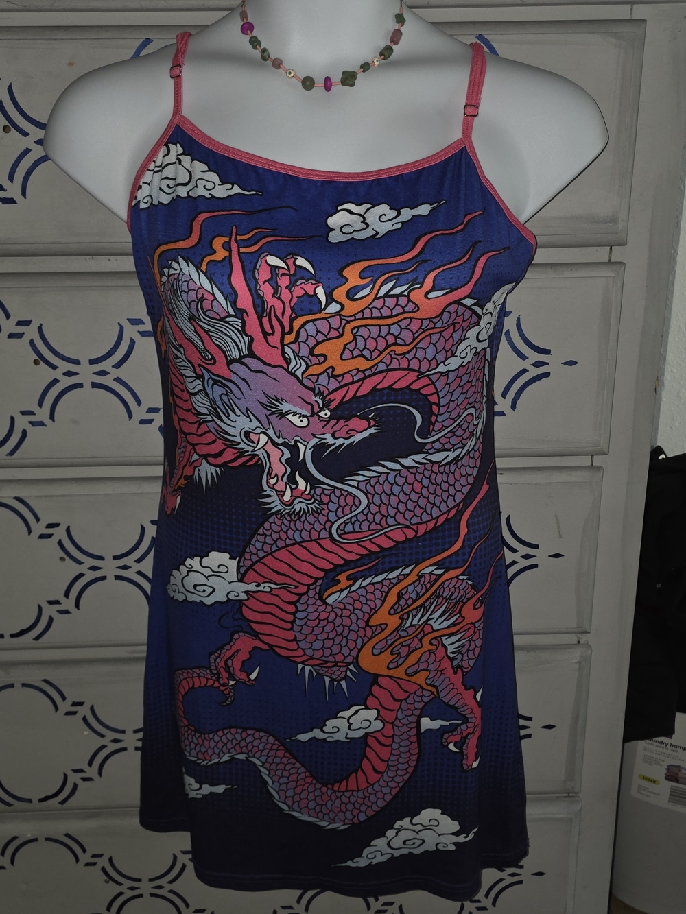 Current Mood Blue Dragon Print Spaghetti Strap Dress with Pink Trim